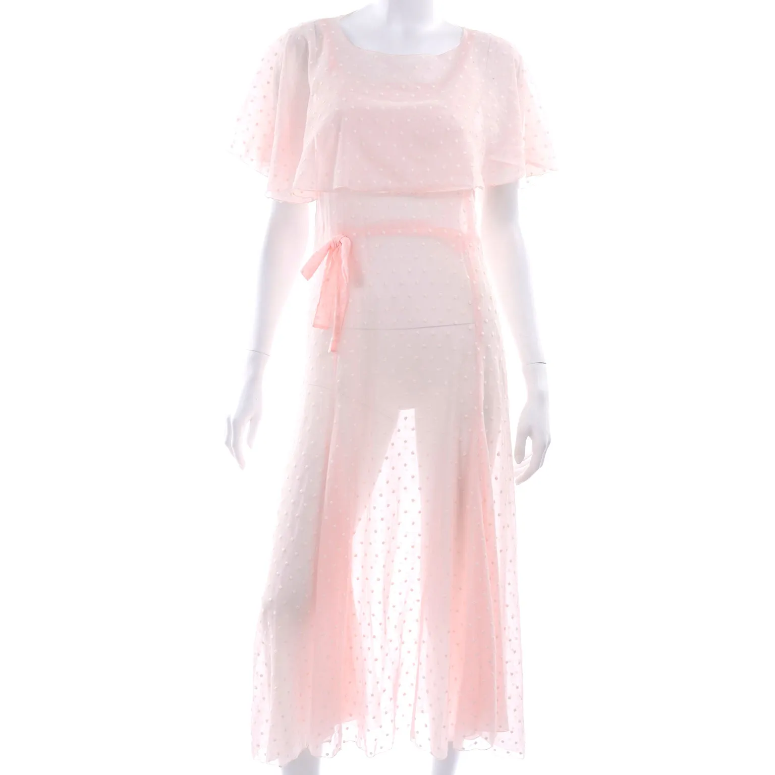 1930s Sheer Pink White Polka Dot Dress With Butterfly Capelet