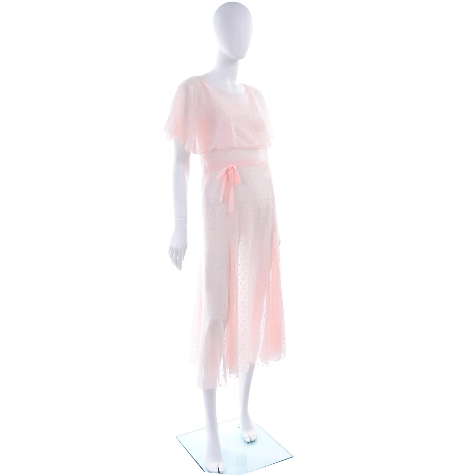 1930s Sheer Pink White Polka Dot Dress With Butterfly Capelet