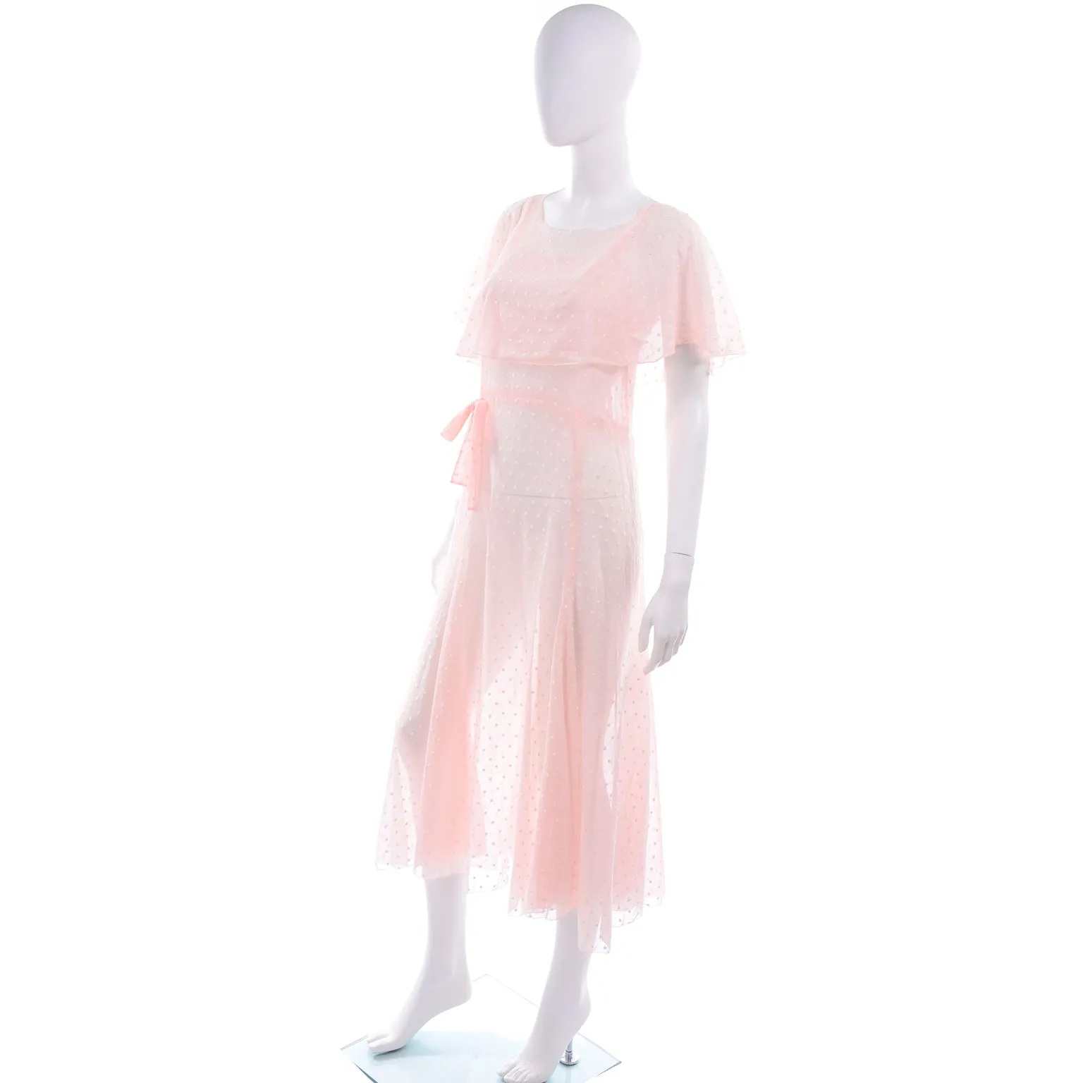 1930s Sheer Pink White Polka Dot Dress With Butterfly Capelet