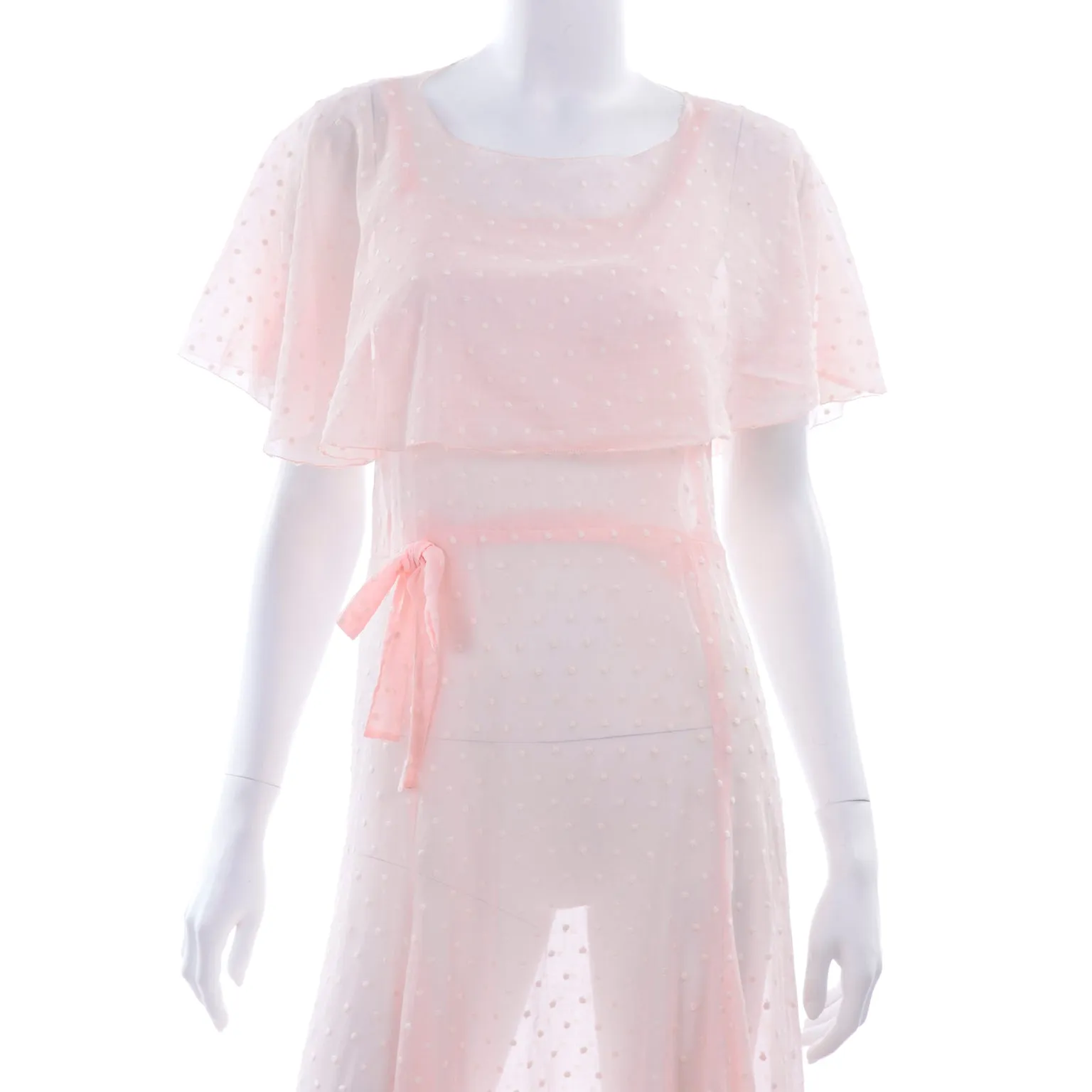 1930s Sheer Pink White Polka Dot Dress With Butterfly Capelet