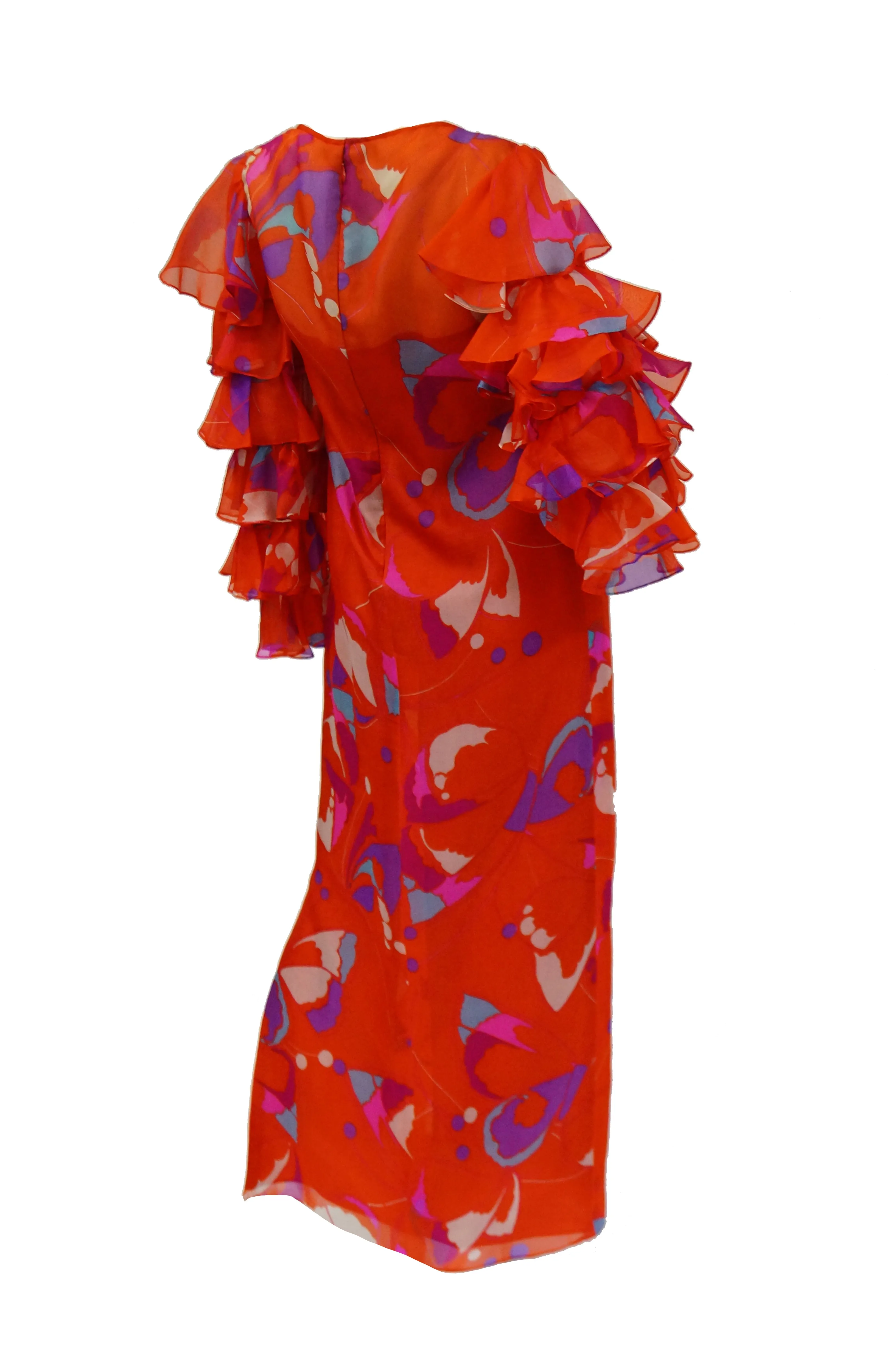 1970s Red Geometric Print Maxi Dress with Flamenco Ruffle Sleeves