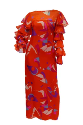 1970s Red Geometric Print Maxi Dress with Flamenco Ruffle Sleeves