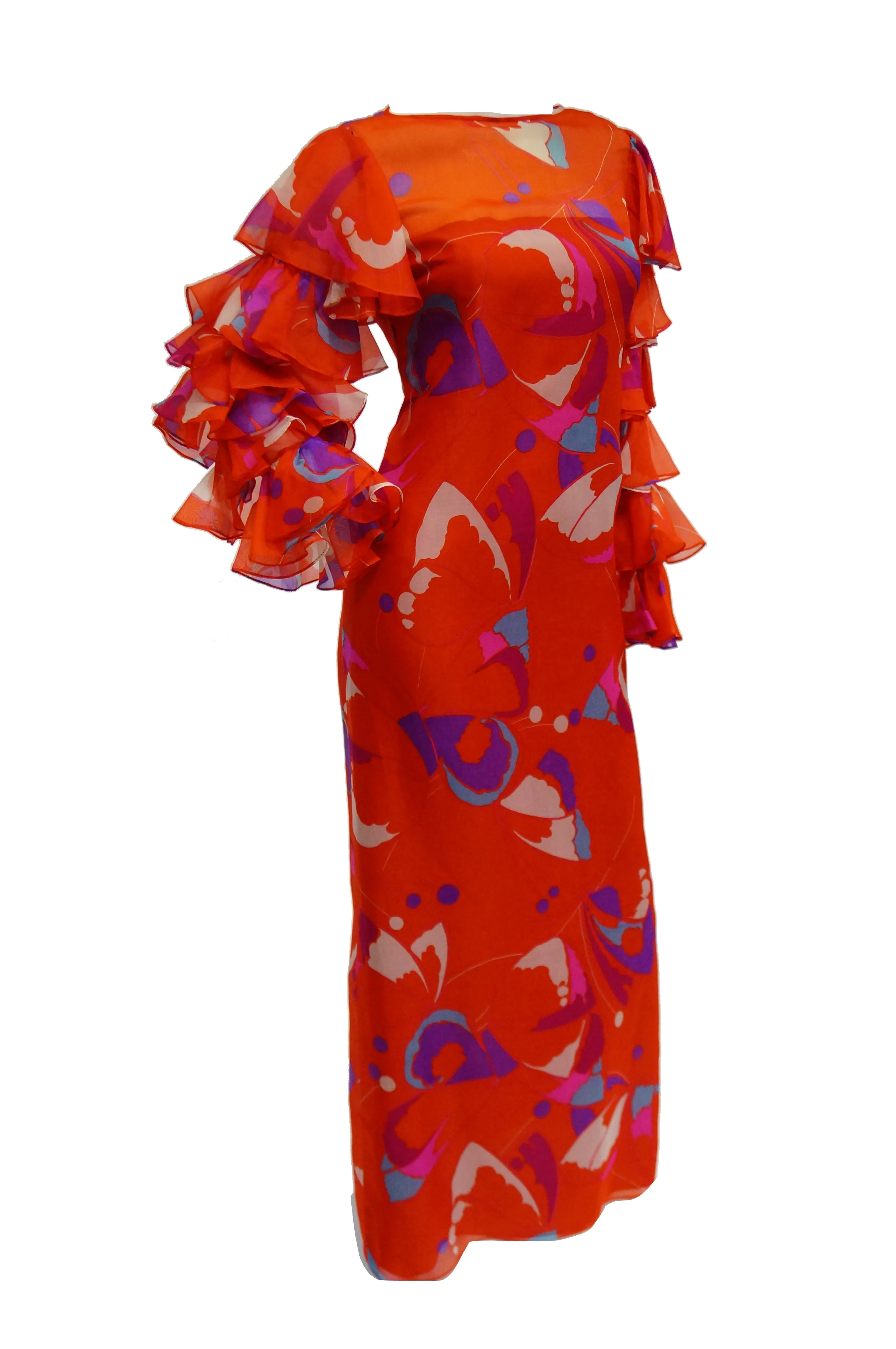 1970s Red Geometric Print Maxi Dress with Flamenco Ruffle Sleeves