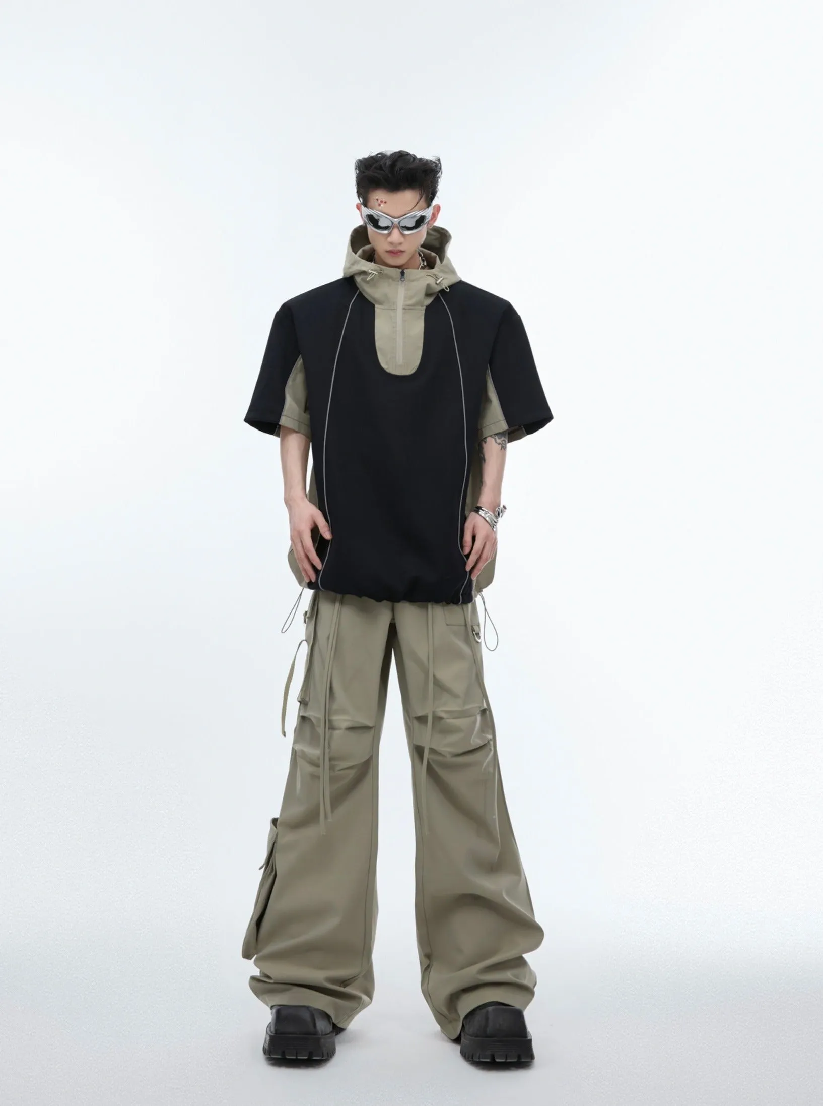 【24s June.】Deconstructed Patchwork Hooded T-shirt   Cargo Pants Suit