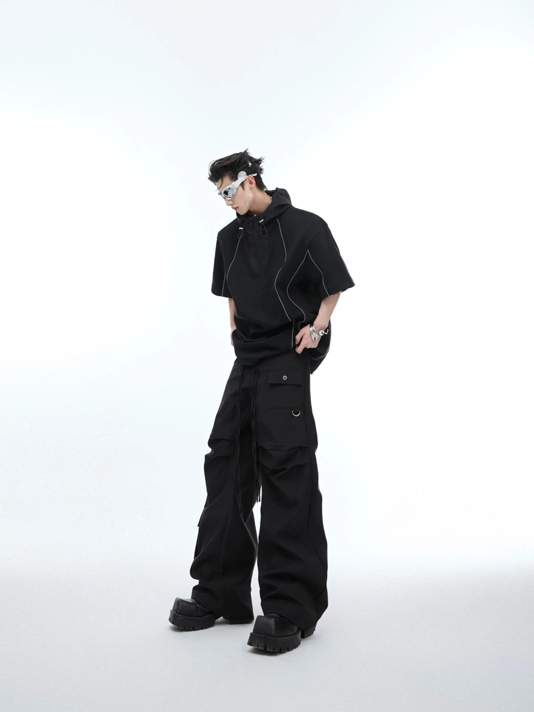 【24s June.】Deconstructed Patchwork Hooded T-shirt   Cargo Pants Suit