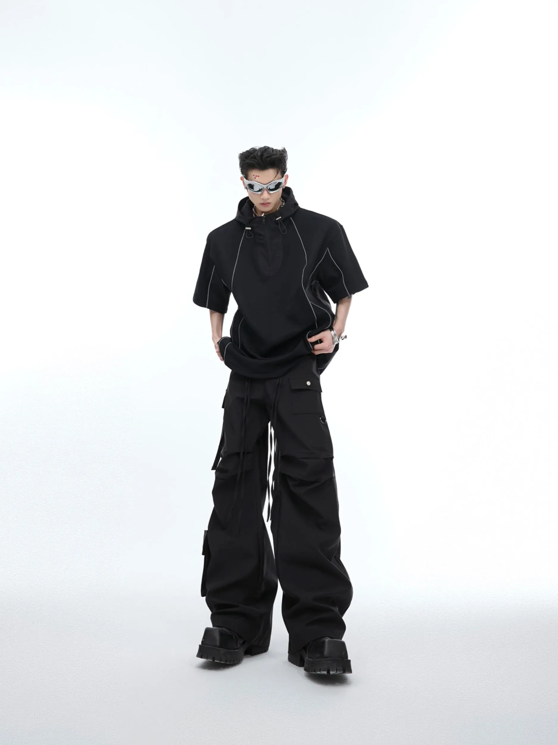 【24s June.】Deconstructed Patchwork Hooded T-shirt   Cargo Pants Suit