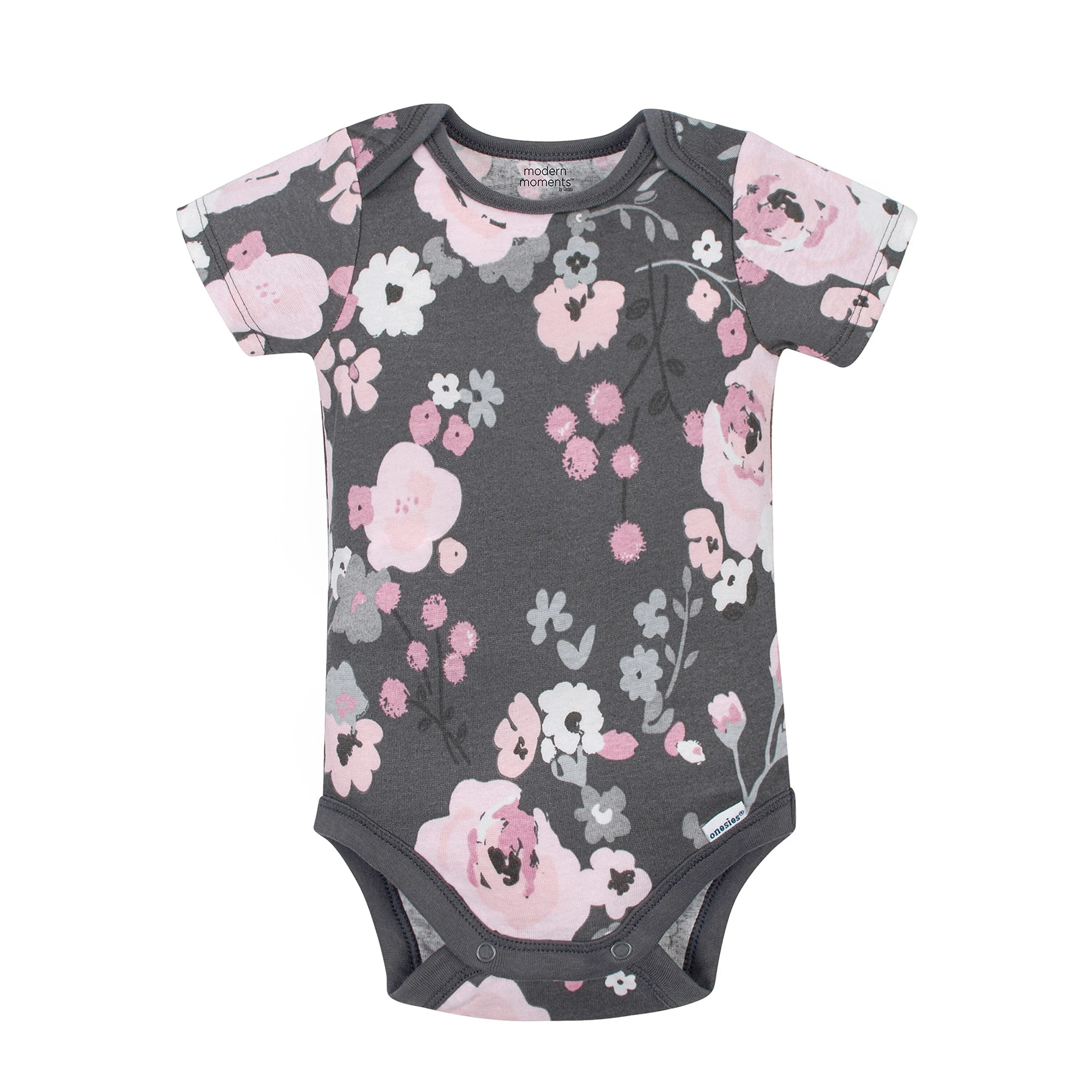 4-Pack Baby Girls Gray Floral Short Sleeve Onesies® Bodysuits