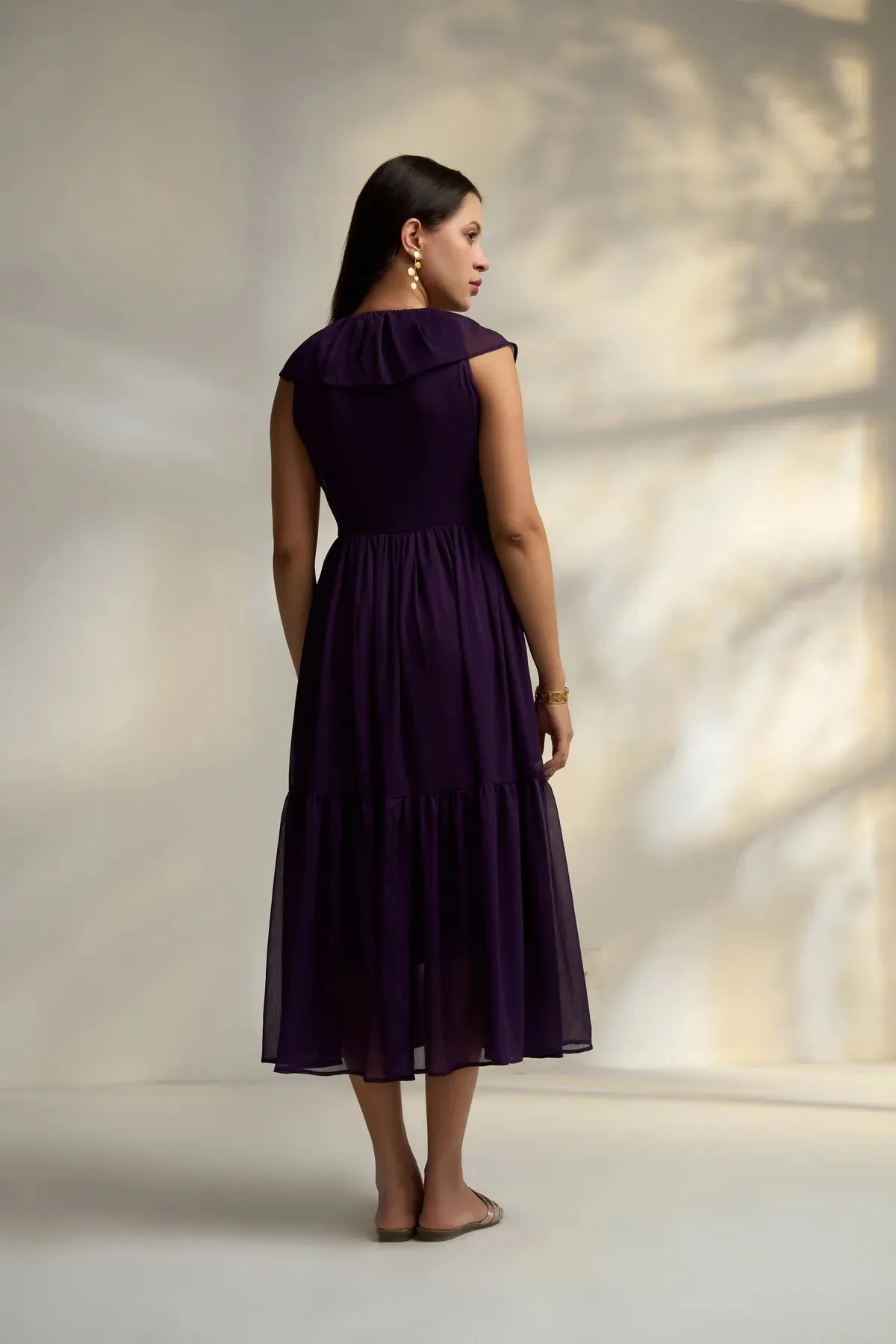 A-line Georgette sleeveless Purple Midi Dress