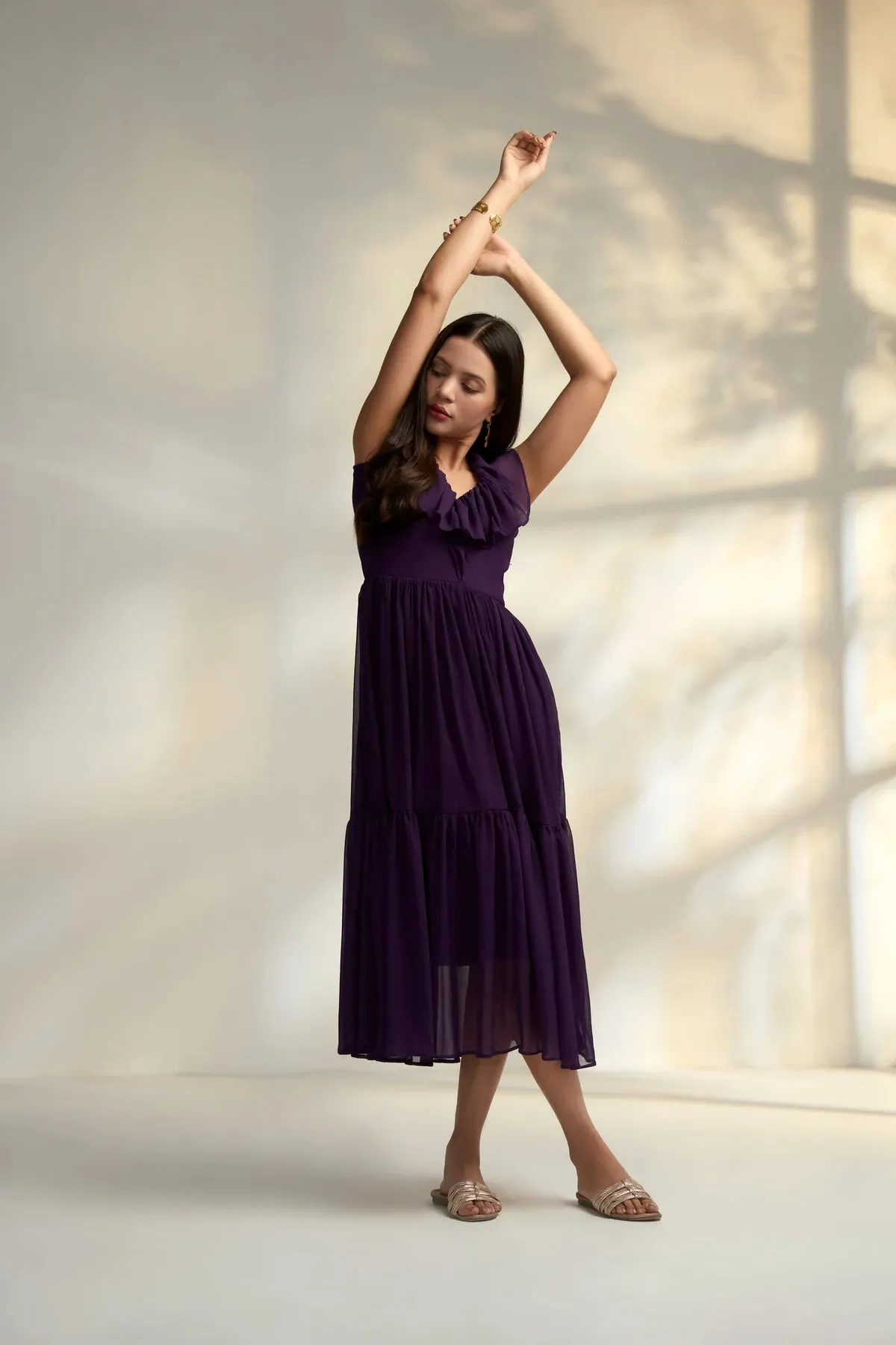 A-line Georgette sleeveless Purple Midi Dress