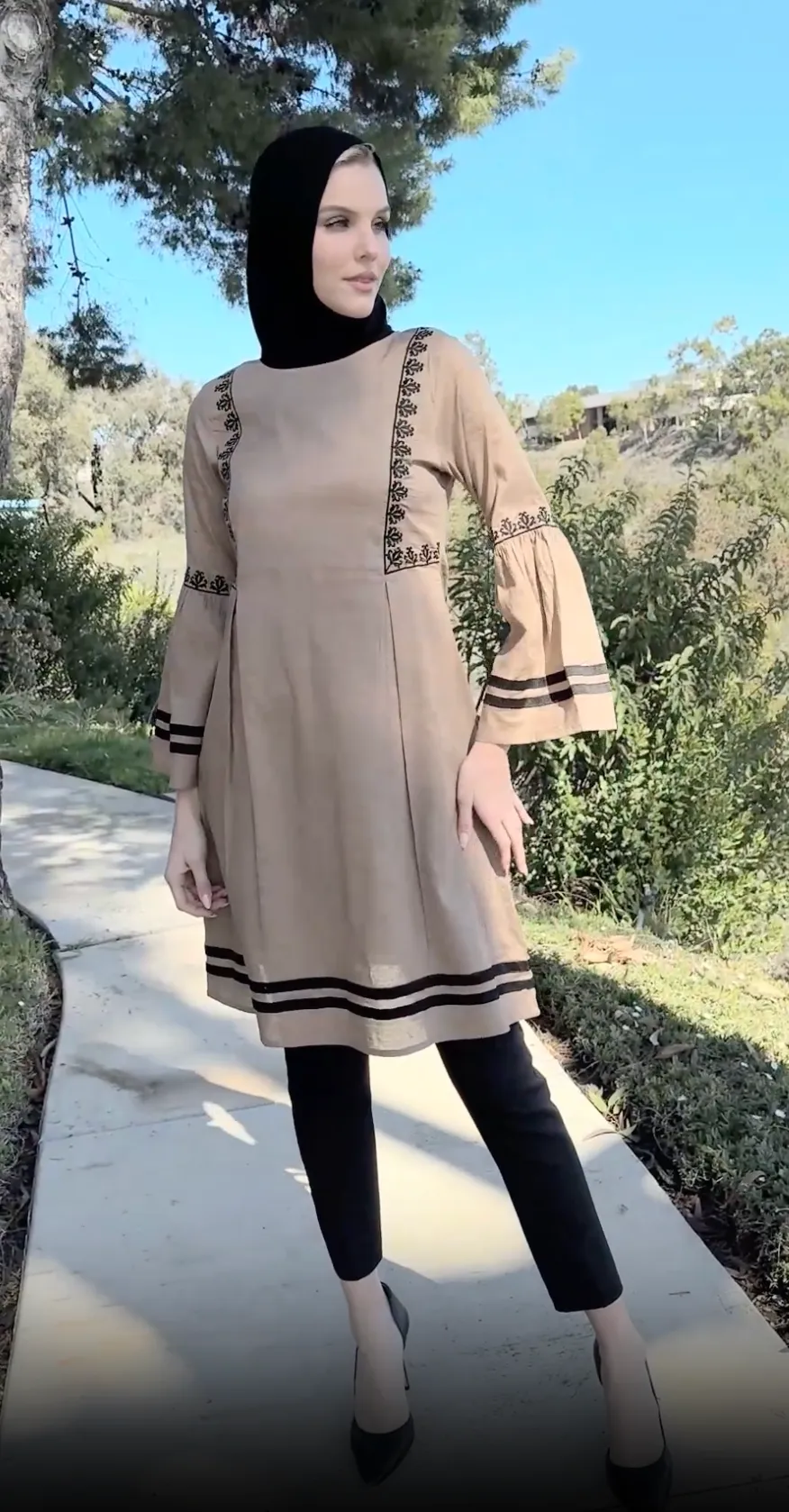 Aicha Embroidered Cotton Modest Midi Tunic - Cafe - Final Sale