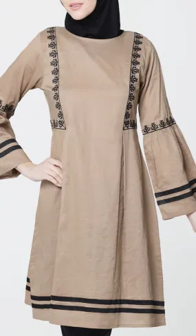 Aicha Embroidered Cotton Modest Midi Tunic - Cafe - Final Sale