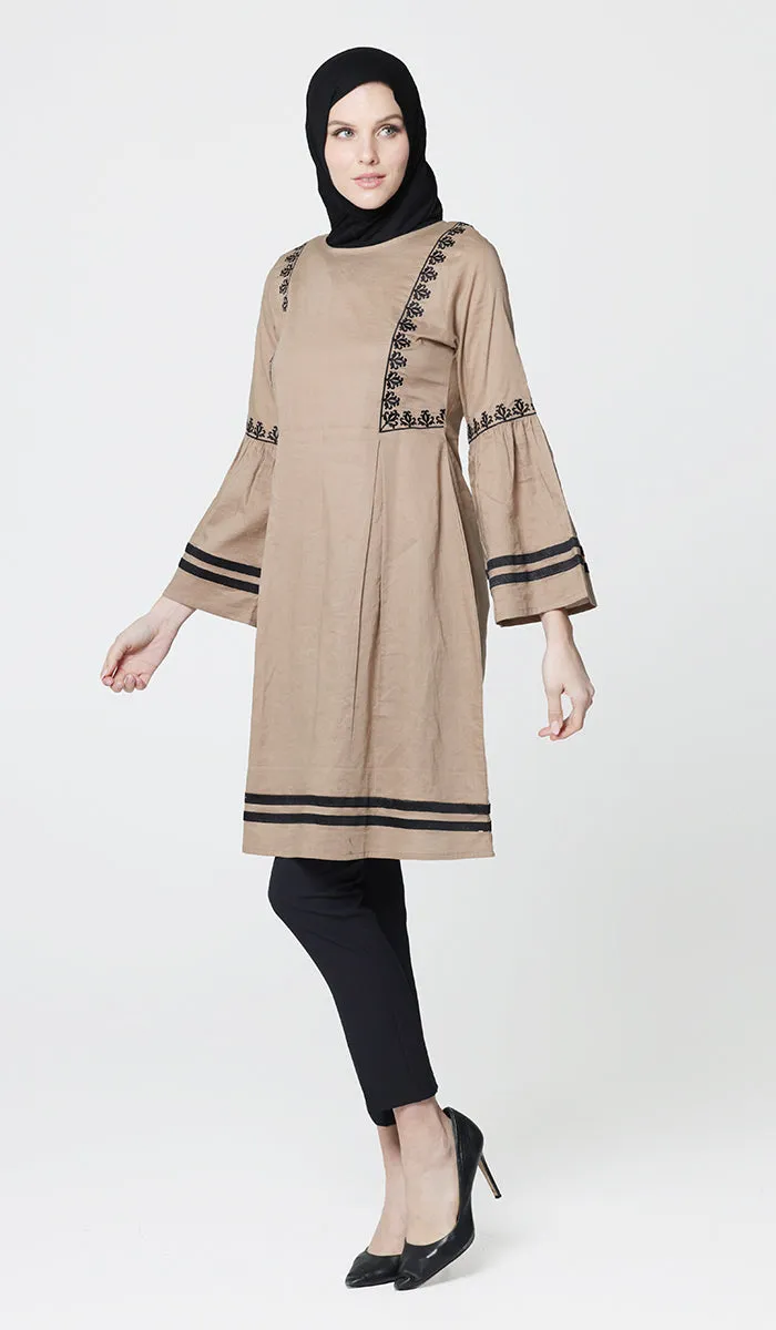 Aicha Embroidered Cotton Modest Midi Tunic - Cafe - Final Sale