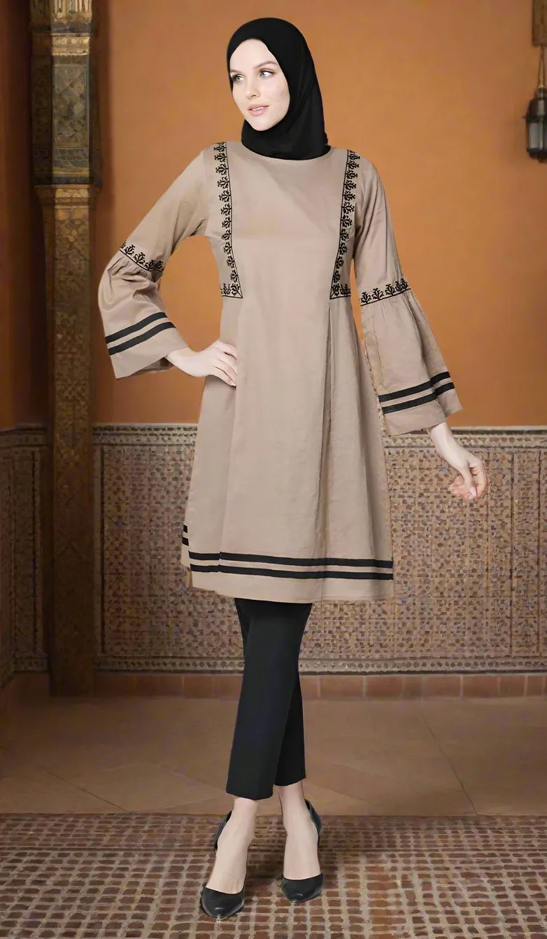 Aicha Embroidered Cotton Modest Midi Tunic - Cafe - Final Sale