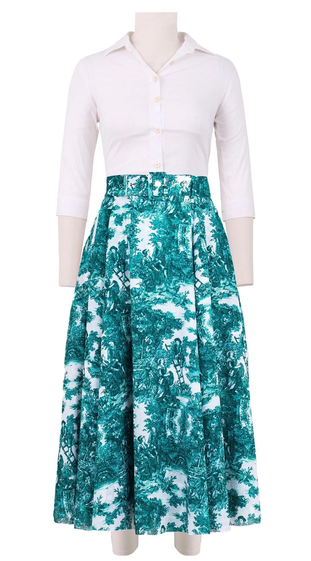 Aster Skirt #1 with Belt Midi Length Cotton Musola (Antilles Toile White)