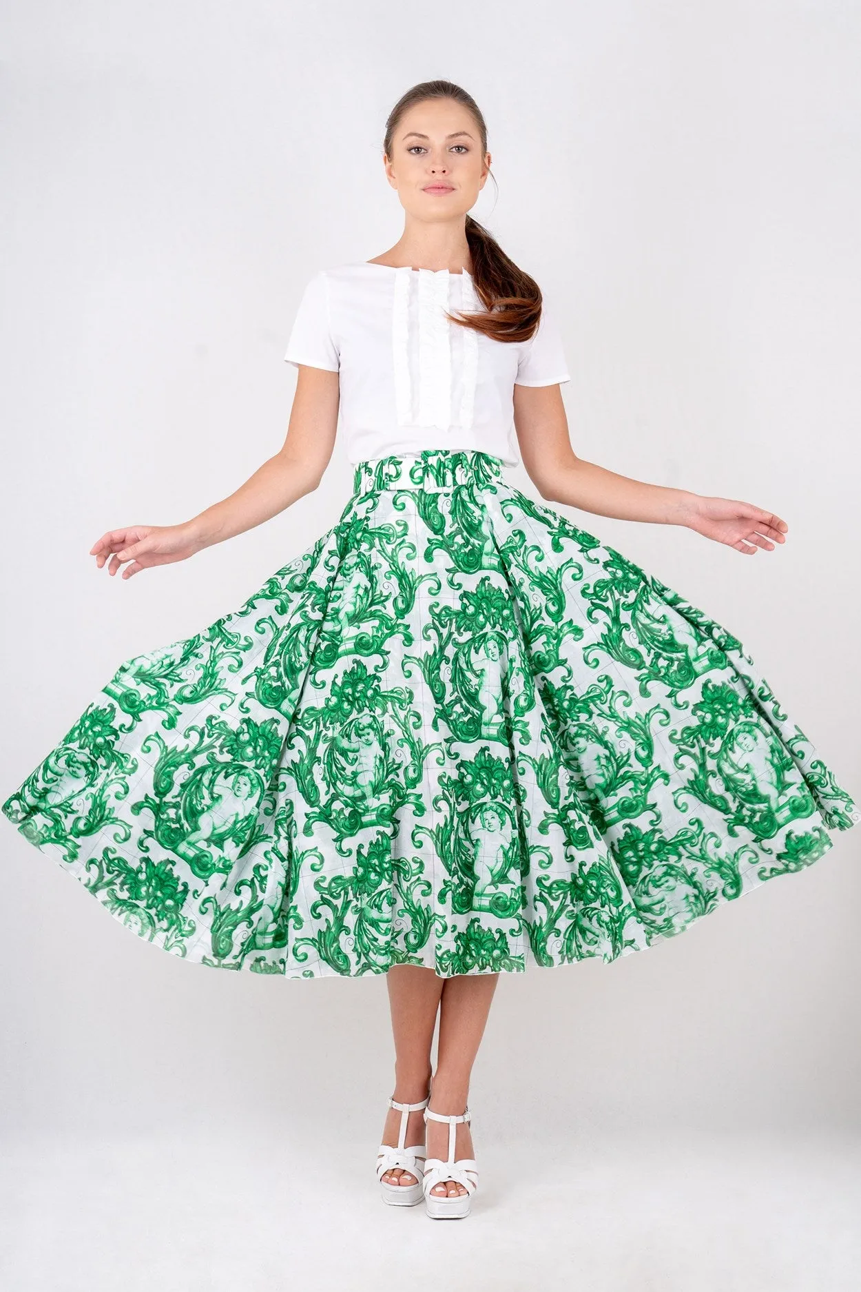 Aster Skirt #1 with Belt Midi Length Cotton Musola (Cherub Tile)