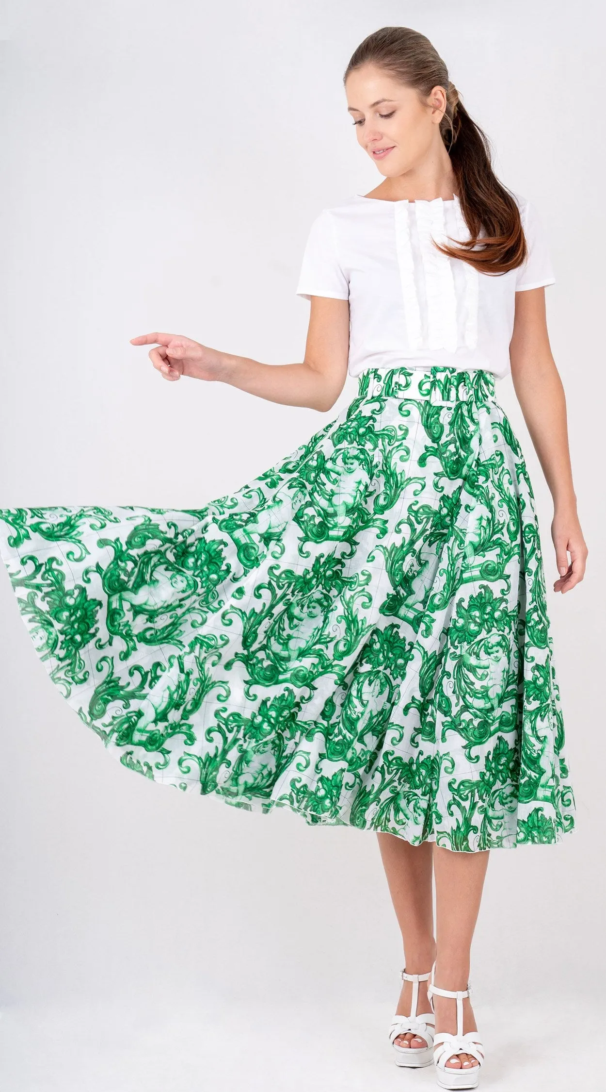 Aster Skirt #1 with Belt Midi Length Cotton Musola (Cherub Tile)