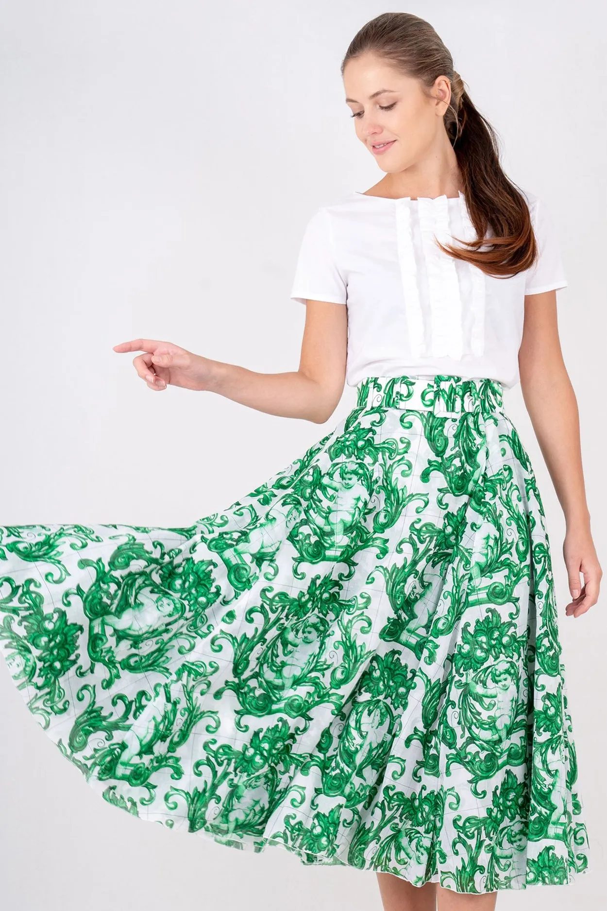 Aster Skirt #1 with Belt Midi Length Cotton Musola (Cherub Tile)