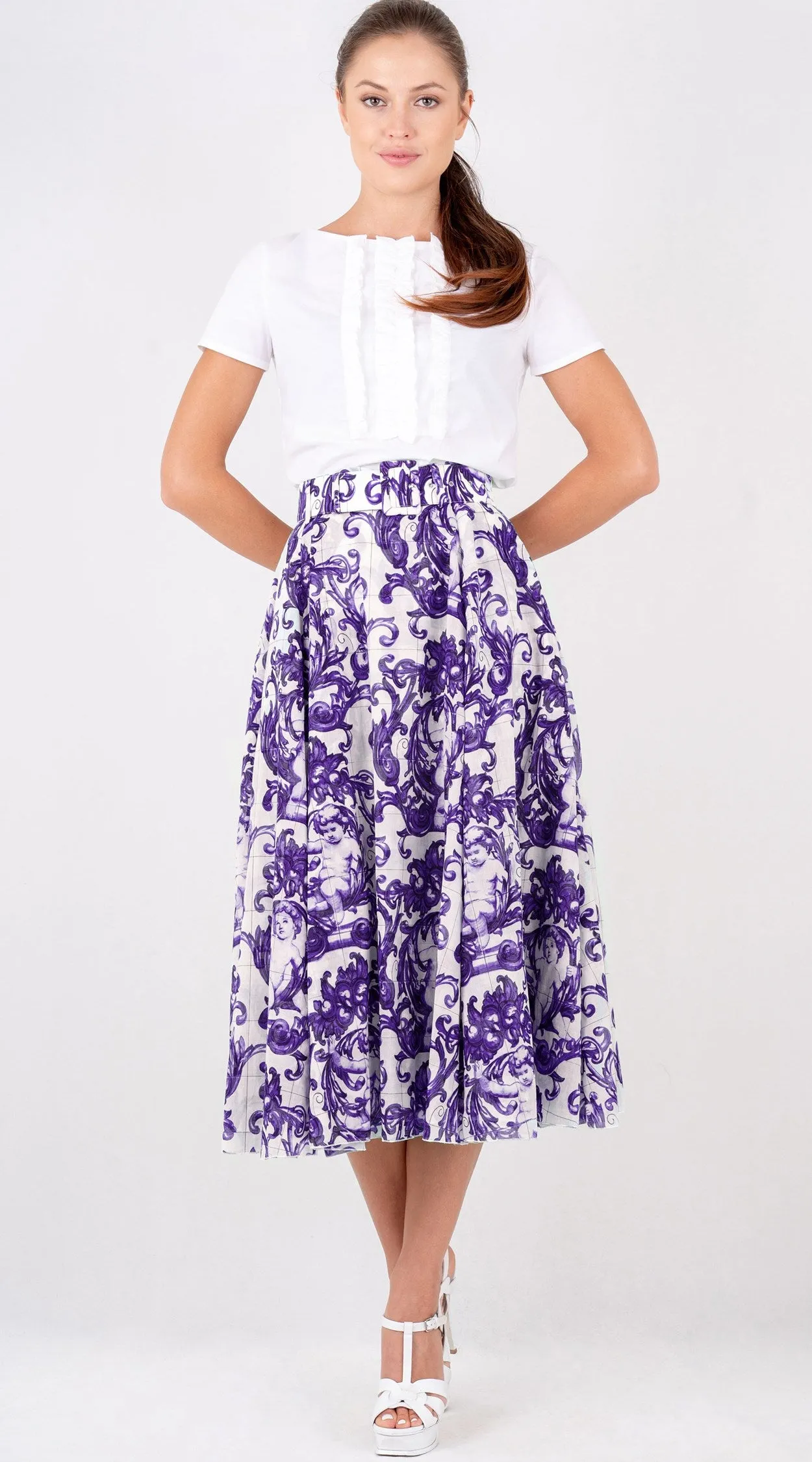 Aster Skirt #1 with Belt Midi Length Cotton Musola (Cherub Tile)