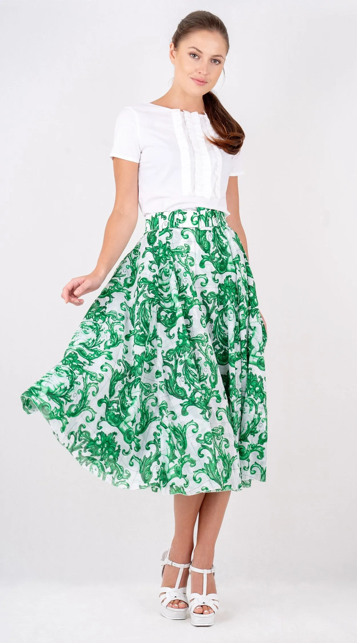 Aster Skirt #1 with Belt Midi Length Cotton Musola (Cherub Tile)