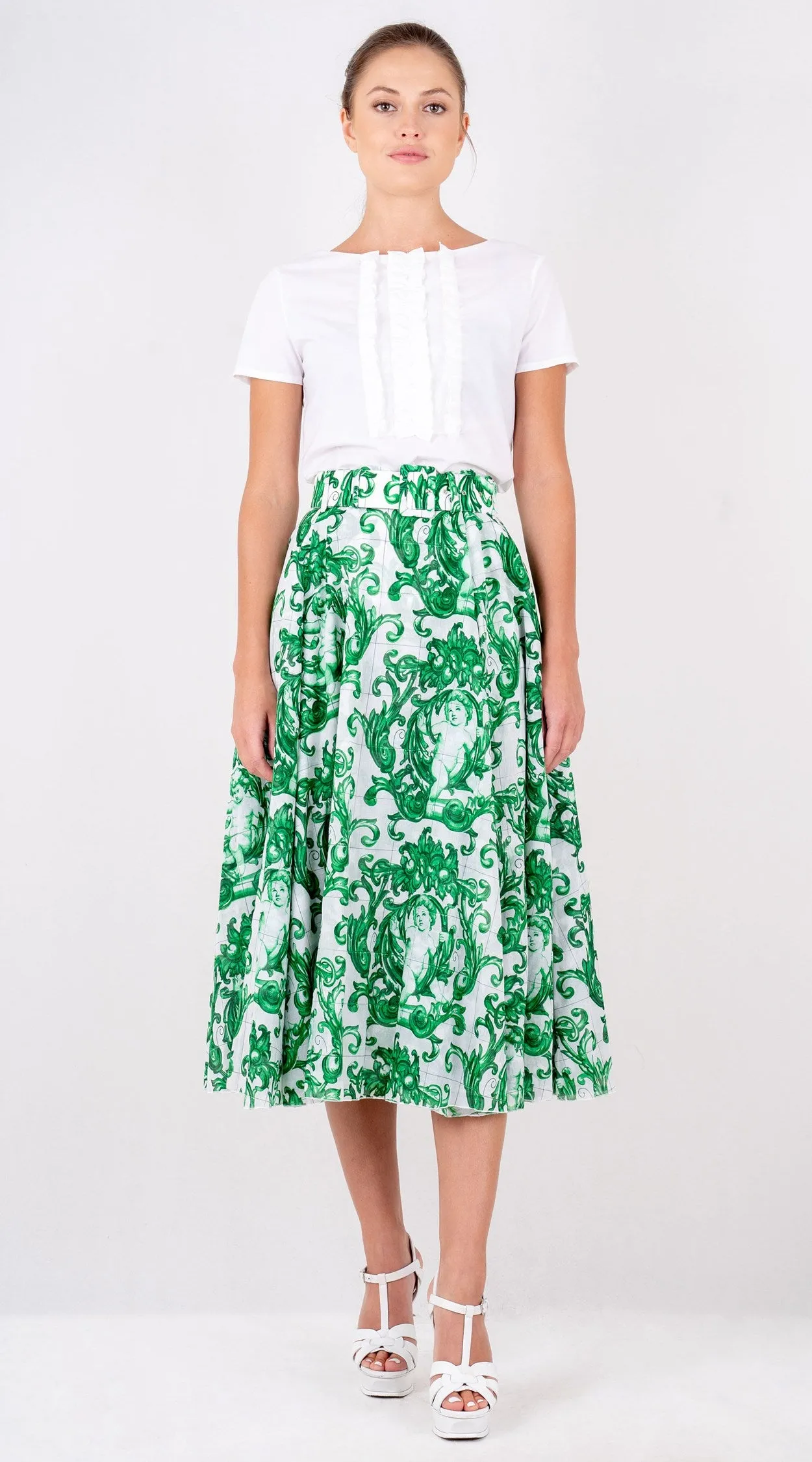 Aster Skirt #1 with Belt Midi Length Cotton Musola (Cherub Tile)