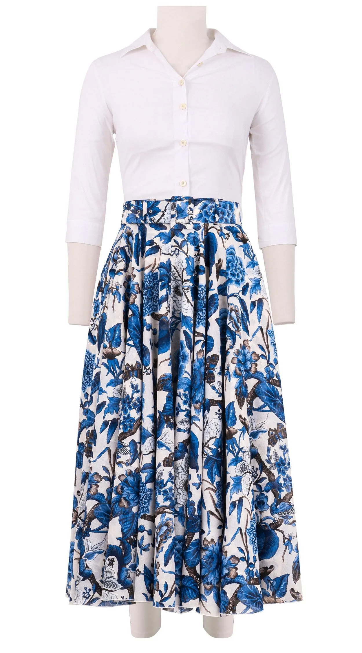 Aster Skirt #1 with Belt Midi Length Cotton Musola (Hill Garden White)