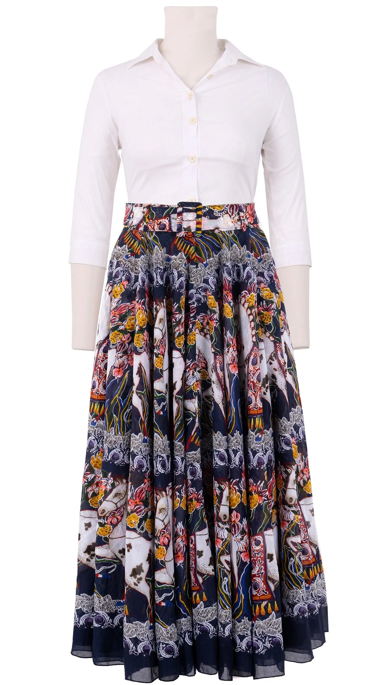 Aster Skirt #1 with Belt Midi Plus Length Cotton Musola (Spotted Pony)