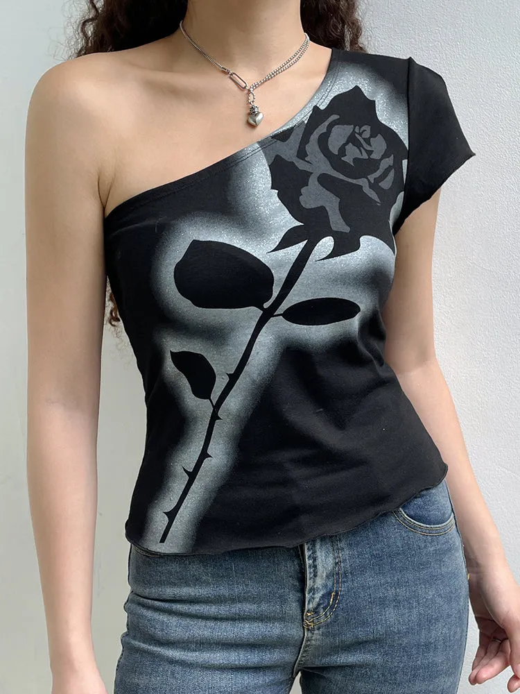 Asymmetrical Dark Academia Rose Printed Summer One Shoulder Grunge Gothic Clothes Tank Cropped Vintage Top