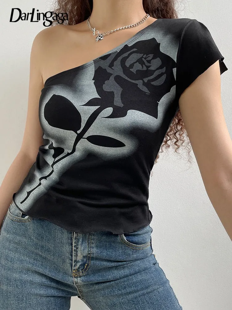 Asymmetrical Dark Academia Rose Printed Summer One Shoulder Grunge Gothic Clothes Tank Cropped Vintage Top