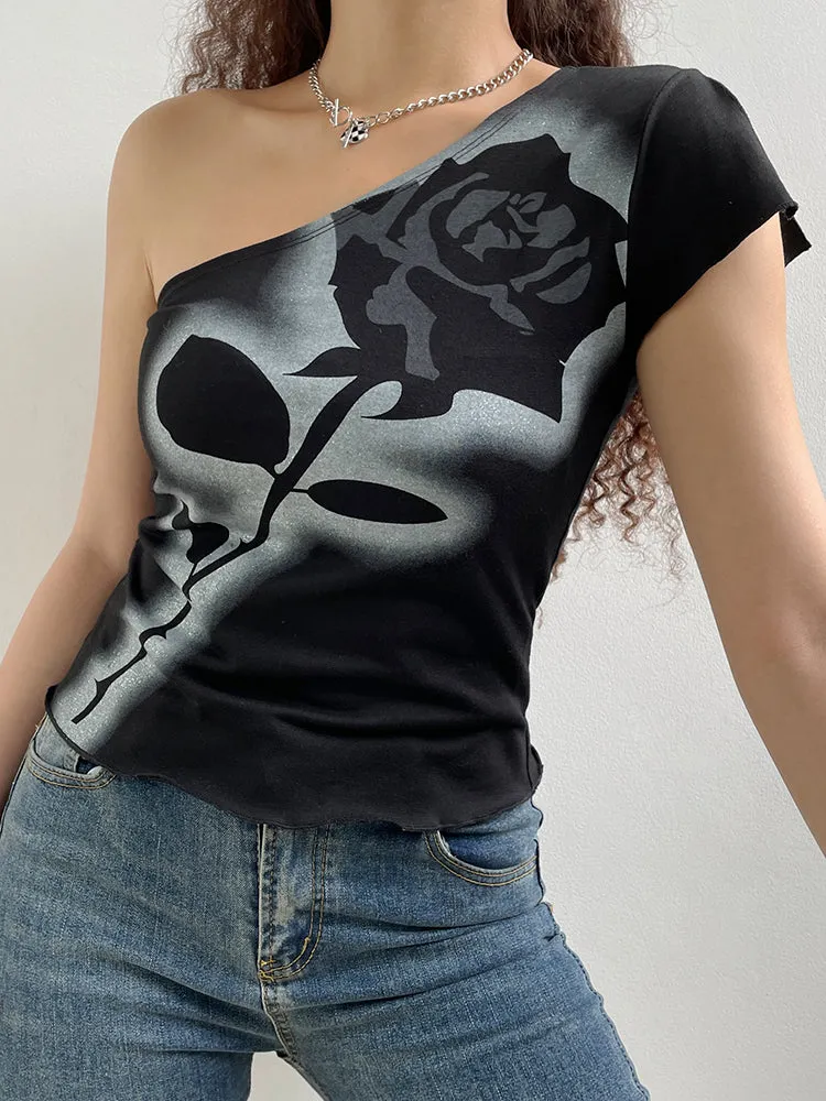 Asymmetrical Dark Academia Rose Printed Summer One Shoulder Grunge Gothic Clothes Tank Cropped Vintage Top