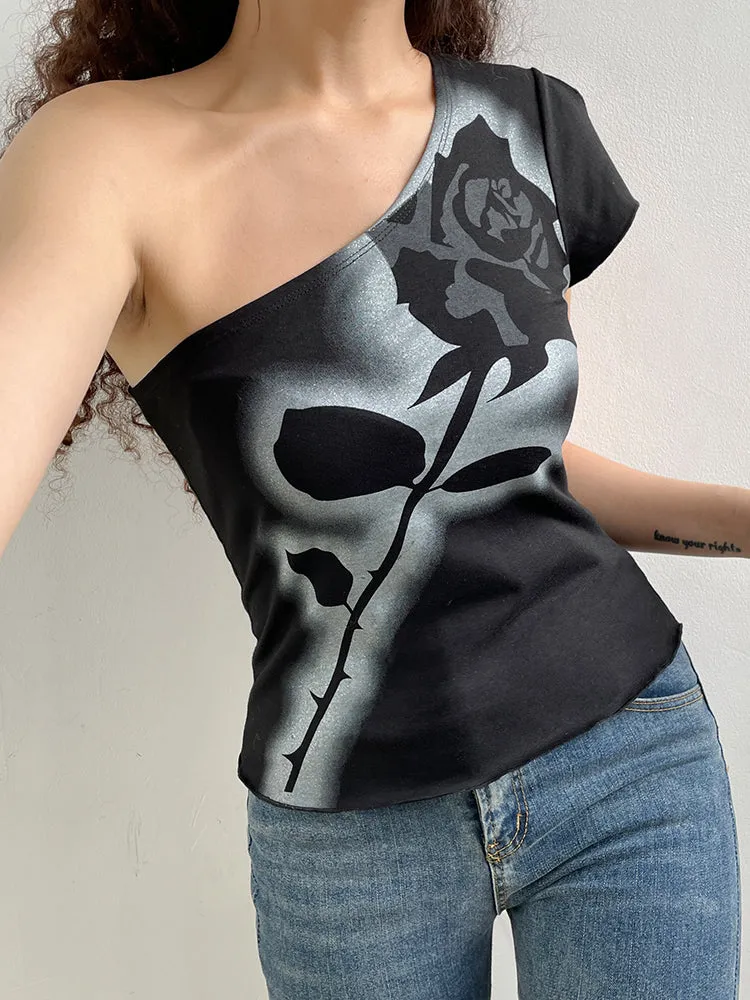 Asymmetrical Dark Academia Rose Printed Summer One Shoulder Grunge Gothic Clothes Tank Cropped Vintage Top