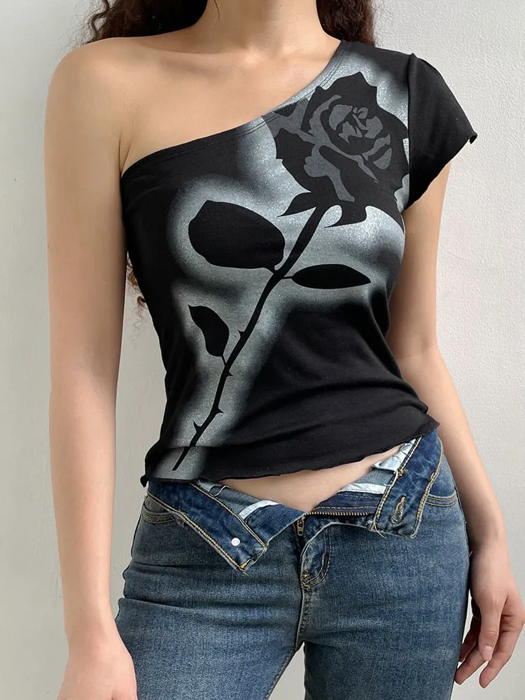 Asymmetrical Dark Academia Rose Printed Summer One Shoulder Grunge Gothic Clothes Tank Cropped Vintage Top