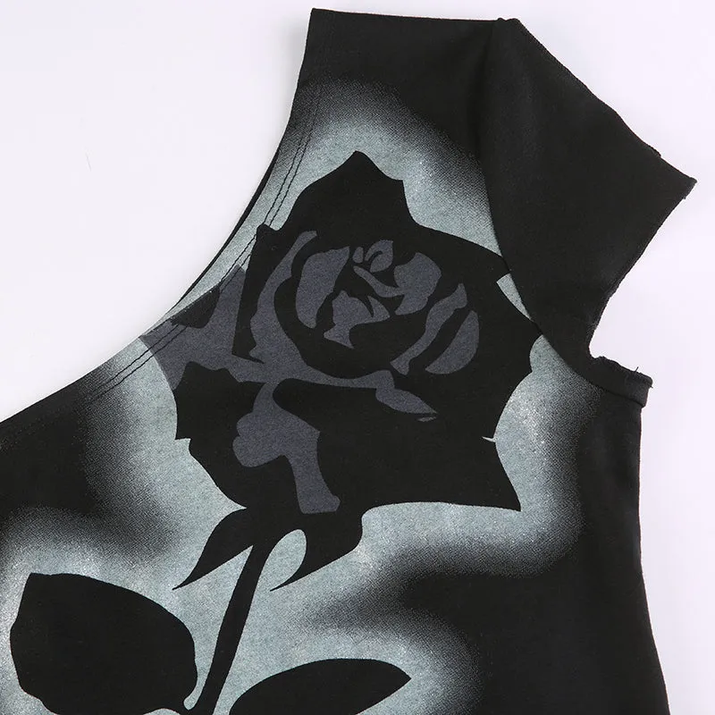 Asymmetrical Dark Academia Rose Printed Summer One Shoulder Grunge Gothic Clothes Tank Cropped Vintage Top