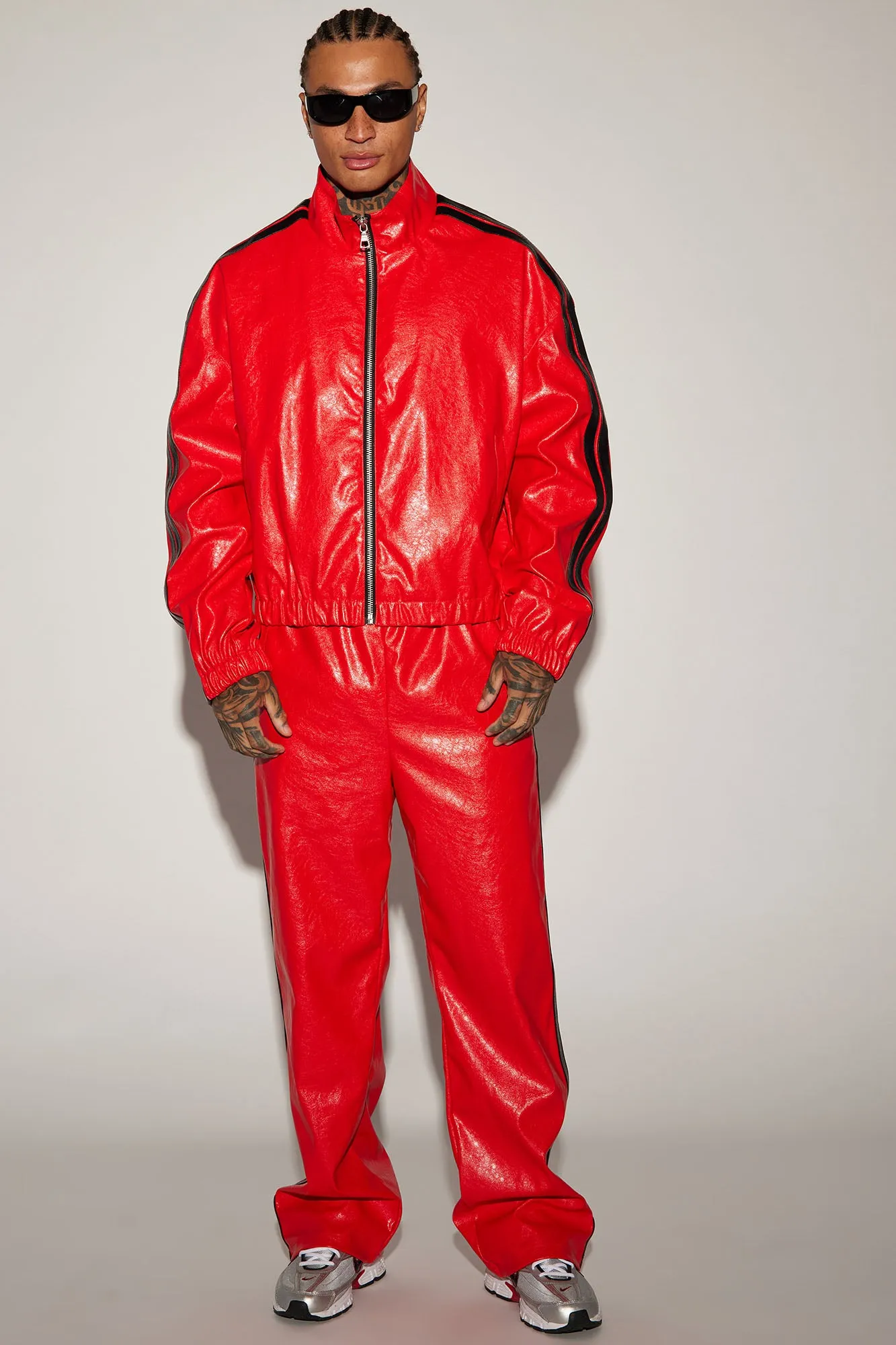 Baker Faux Leather Track Jacket - Red/combo