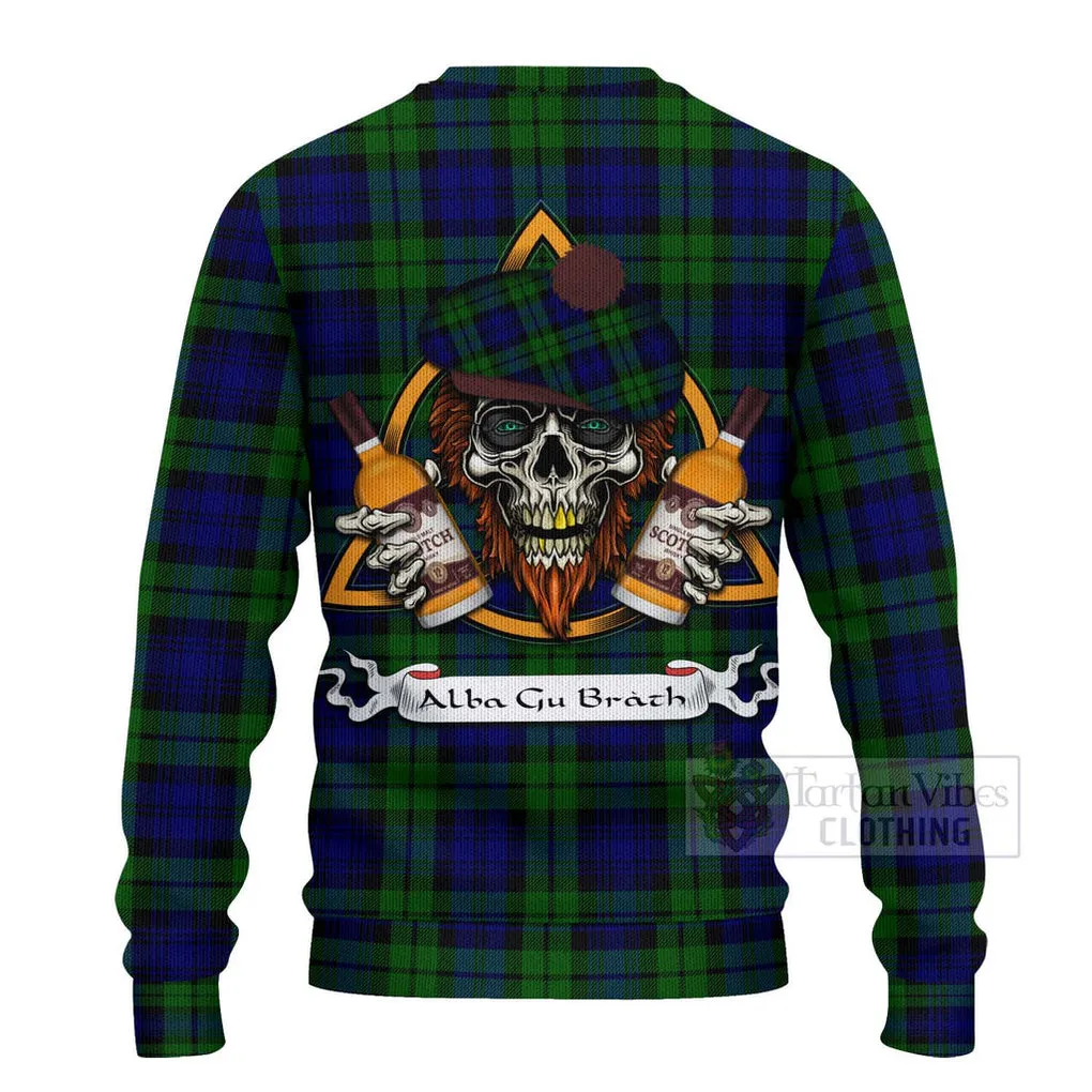 Bannatyne Tartan Ugly Sweater with Family Crest and Bearded Skull Holding Bottles of Whiskey