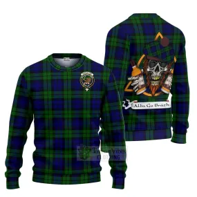 Bannatyne Tartan Ugly Sweater with Family Crest and Bearded Skull Holding Bottles of Whiskey