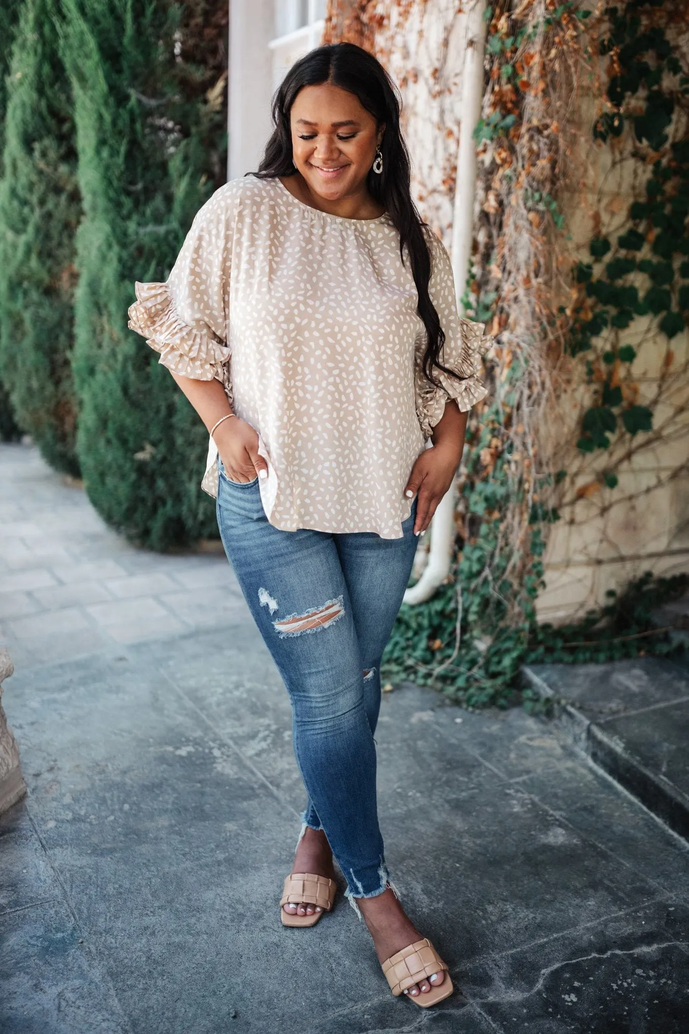 Be Mine Ruffle Sleeve Top in Oatmeal