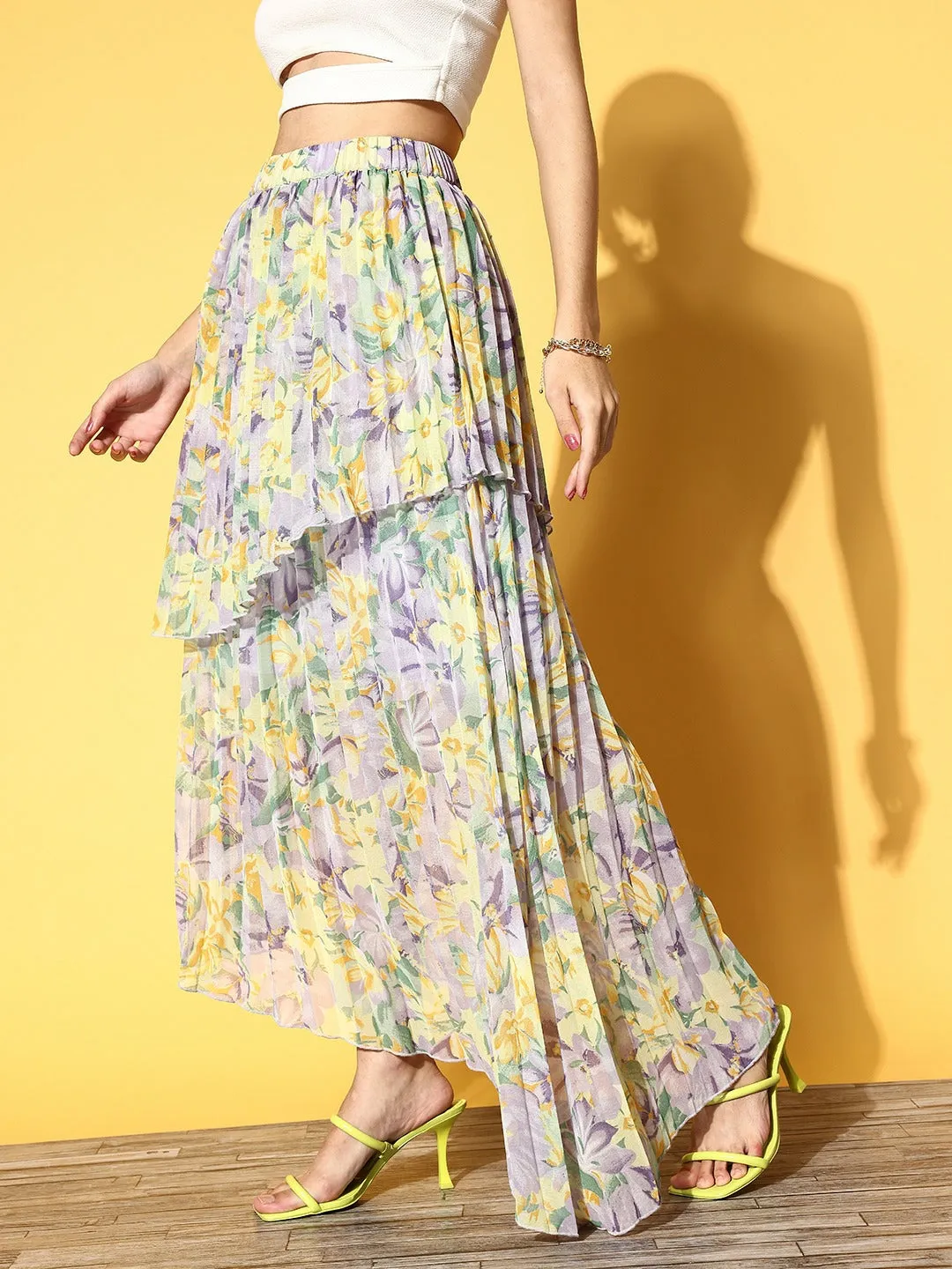 Berrylush Women Purple & Yellow Floral Printed Slip-On Elastic Waist Georgette Pleated Maxi Skirt