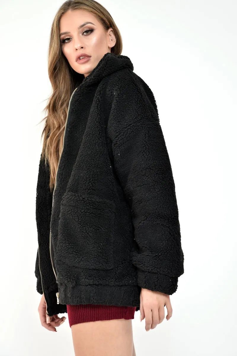 Black Borg Zipper Front Pocket Coat - Jacklynn