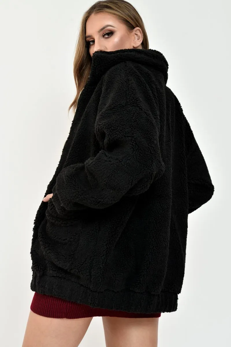 Black Borg Zipper Front Pocket Coat - Jacklynn