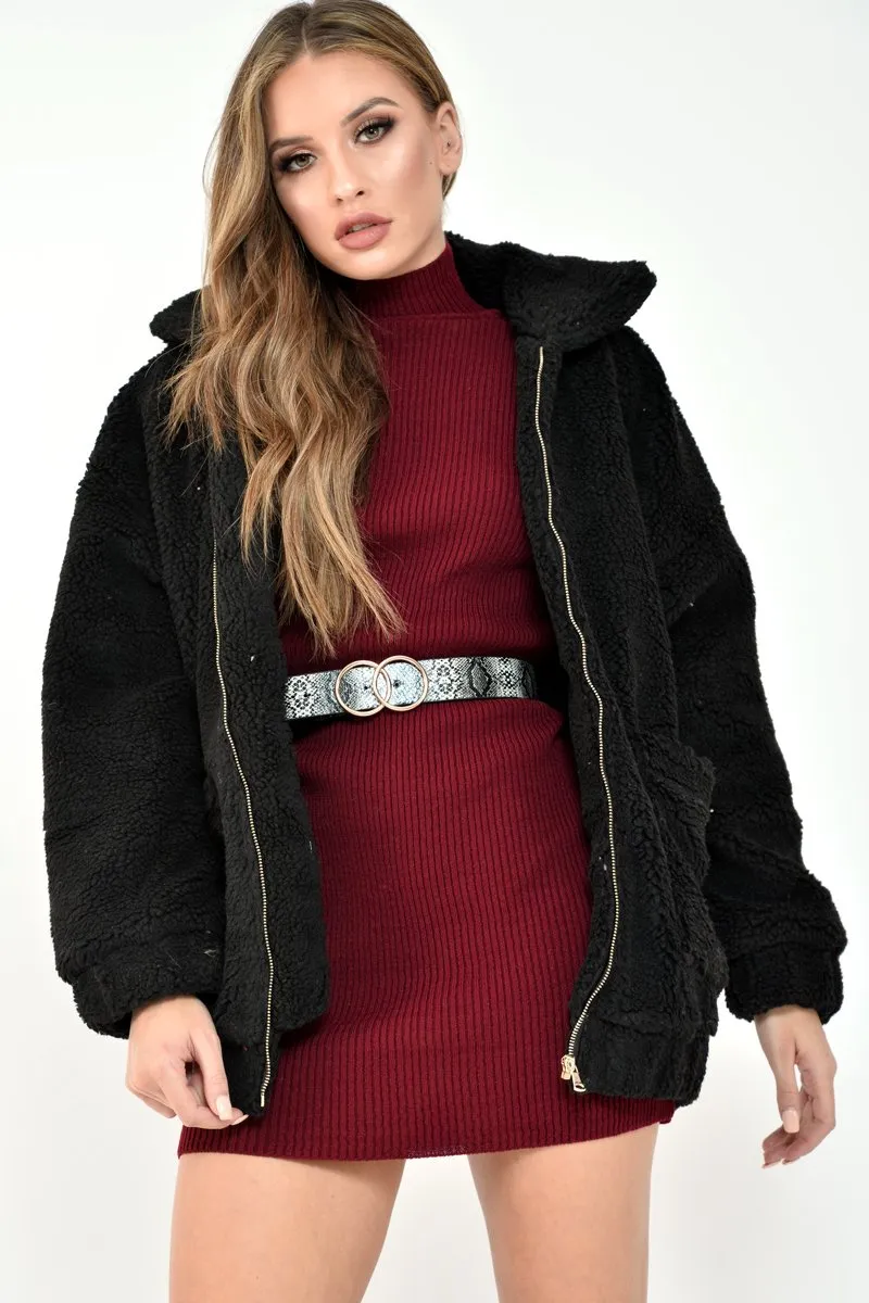 Black Borg Zipper Front Pocket Coat - Jacklynn