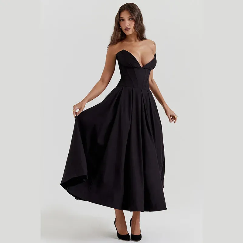 Black Sexy V-neck Strapless Dress Spring and Summer Women's Fashion Sharp Angled Fishbone Waistband Pleated Elastic A-line Dress