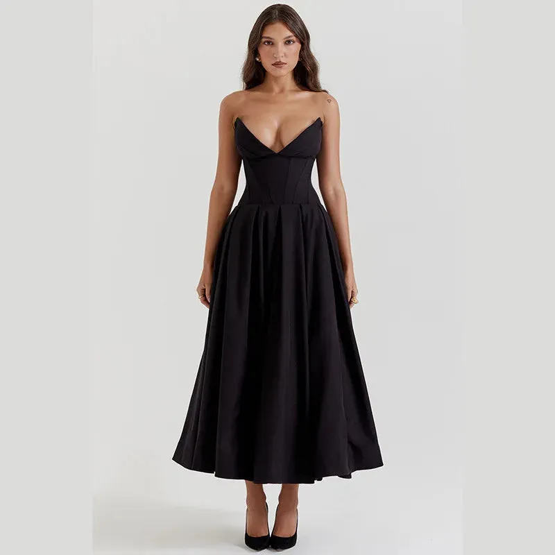 Black Sexy V-neck Strapless Dress Spring and Summer Women's Fashion Sharp Angled Fishbone Waistband Pleated Elastic A-line Dress