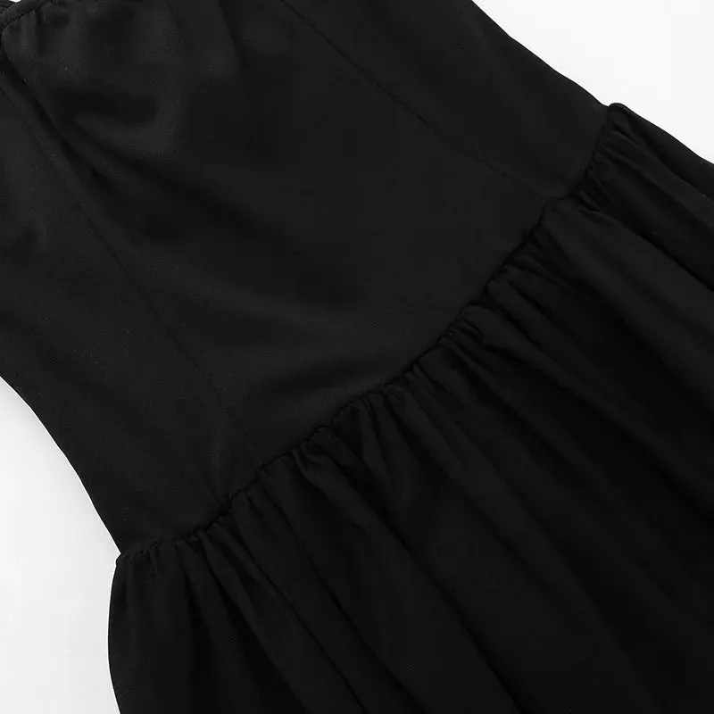 Black Sexy V-neck Strapless Dress Spring and Summer Women's Fashion Sharp Angled Fishbone Waistband Pleated Elastic A-line Dress