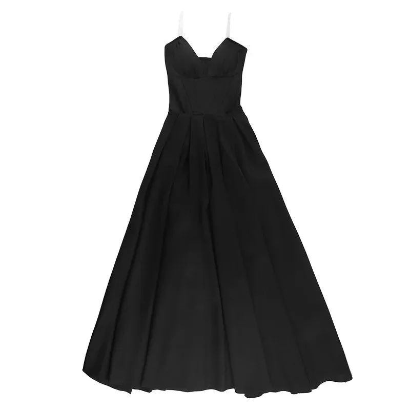 Black Sexy V-neck Strapless Dress Spring and Summer Women's Fashion Sharp Angled Fishbone Waistband Pleated Elastic A-line Dress