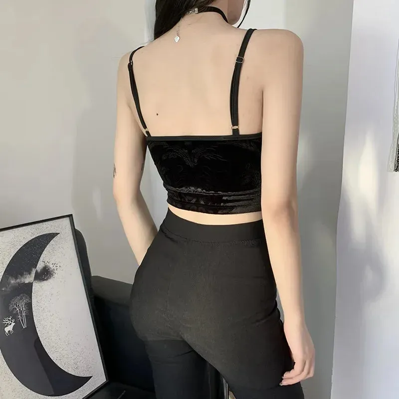 Black top Vintage Gothic Velvet Black Women Camis Grunge Punk Sexy Lace Trim Bodycon Crop Tops Elegant Backless Emo Streetwear