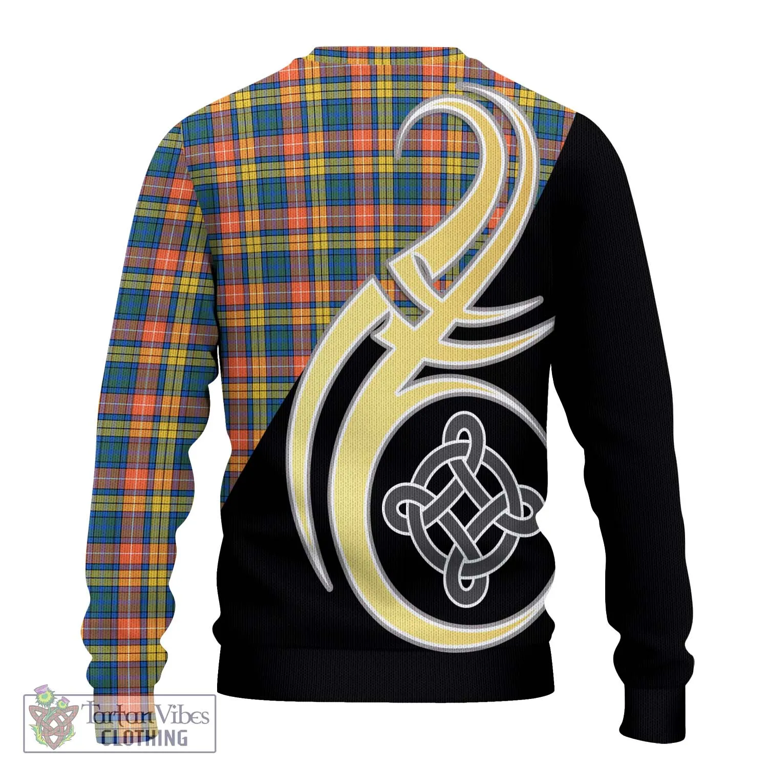 Buchanan Ancient Tartan Ugly Sweater with Family Crest and Celtic Symbol Style