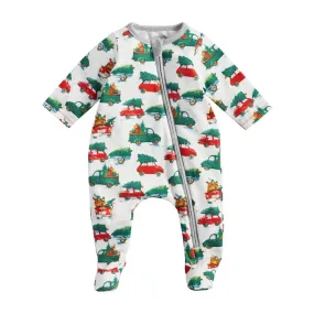 Car Pickup Truck with Christmas Tree Baby Boys Girls Sleeper Set