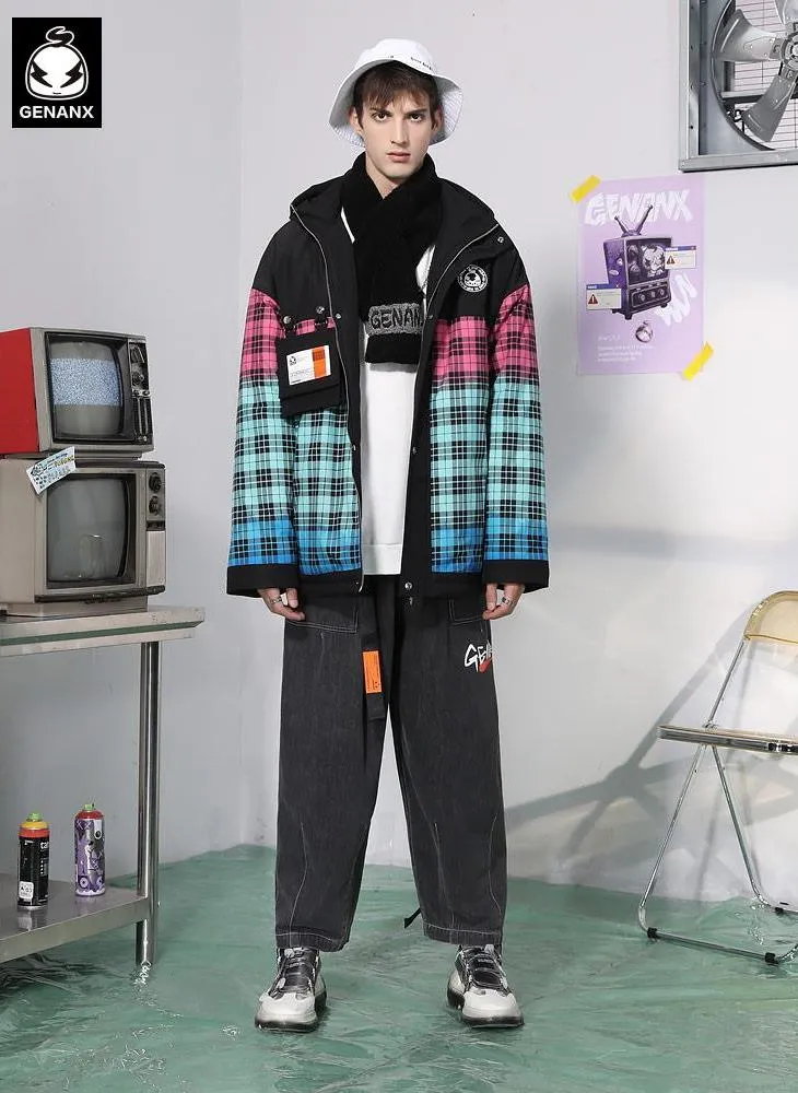 Cartoon Gradient Plaid Hooded Collar Padded Coat