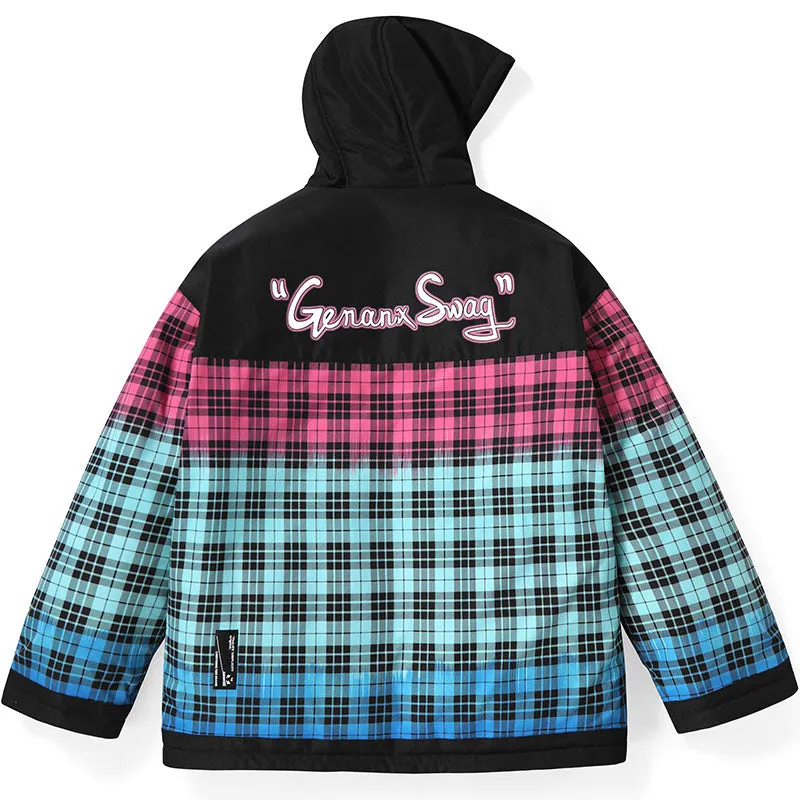 Cartoon Gradient Plaid Hooded Collar Padded Coat