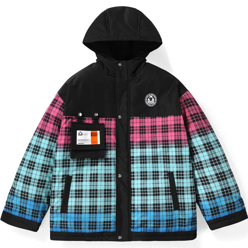 Cartoon Gradient Plaid Hooded Collar Padded Coat